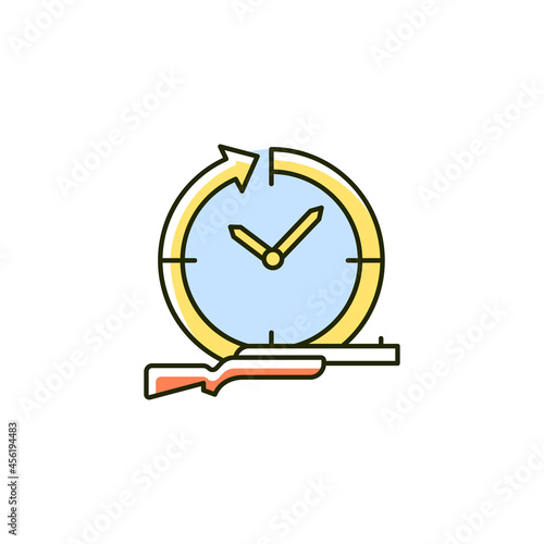Hunting year-round RGB color icon. Pursue and capture prey. Wildlife animals killing. Hunt equipment and license. Hunting season. Isolated vector illustration. Simple filled line drawing