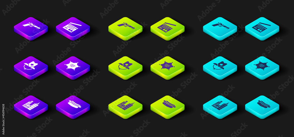 Set City landscape, Hotdog sandwich, Western cowboy hat, Hexagram sheriff, Movie clapper and Pistol or gun icon. Vector Set City landscape, Hotdog sandwich, Western cowboy hat, Hexagram sheriff, Movie clapper and Pistol or gun icon. Vector