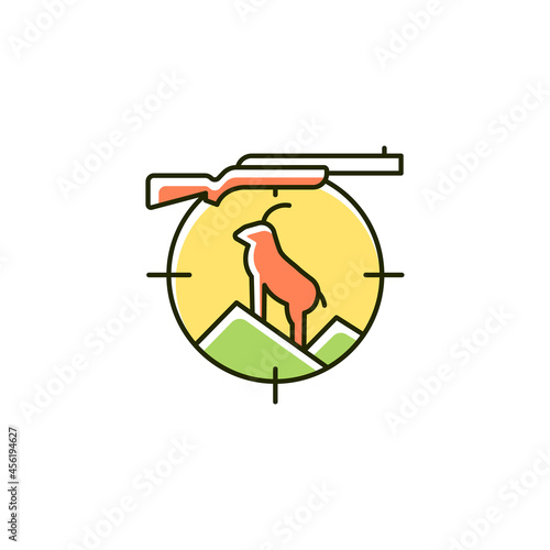 Mountain hunting RGB color icon. Preparation for mountain hunt. Pursue and capture sheep and goat. Gear and equipment. Kill wild animals. Isolated vector illustration. Simple filled line drawing