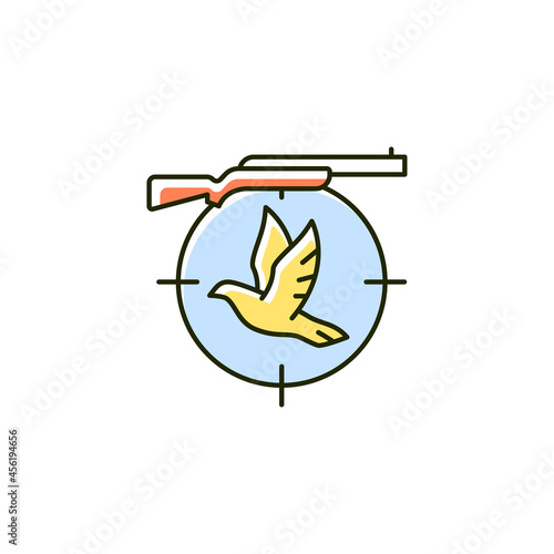 Pigeon shooting RGB color icon. Bird shooting competition. Roost and flighting dove hunt. Woodpigeon hunting. Equipment and rifle. Isolated vector illustration. Simple filled line drawing