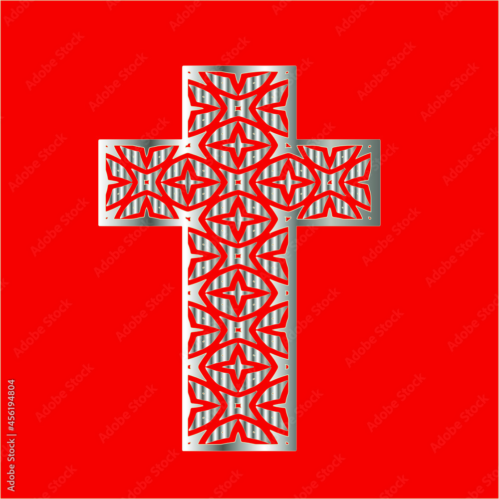 
cross with patterns of metal on a red background. 