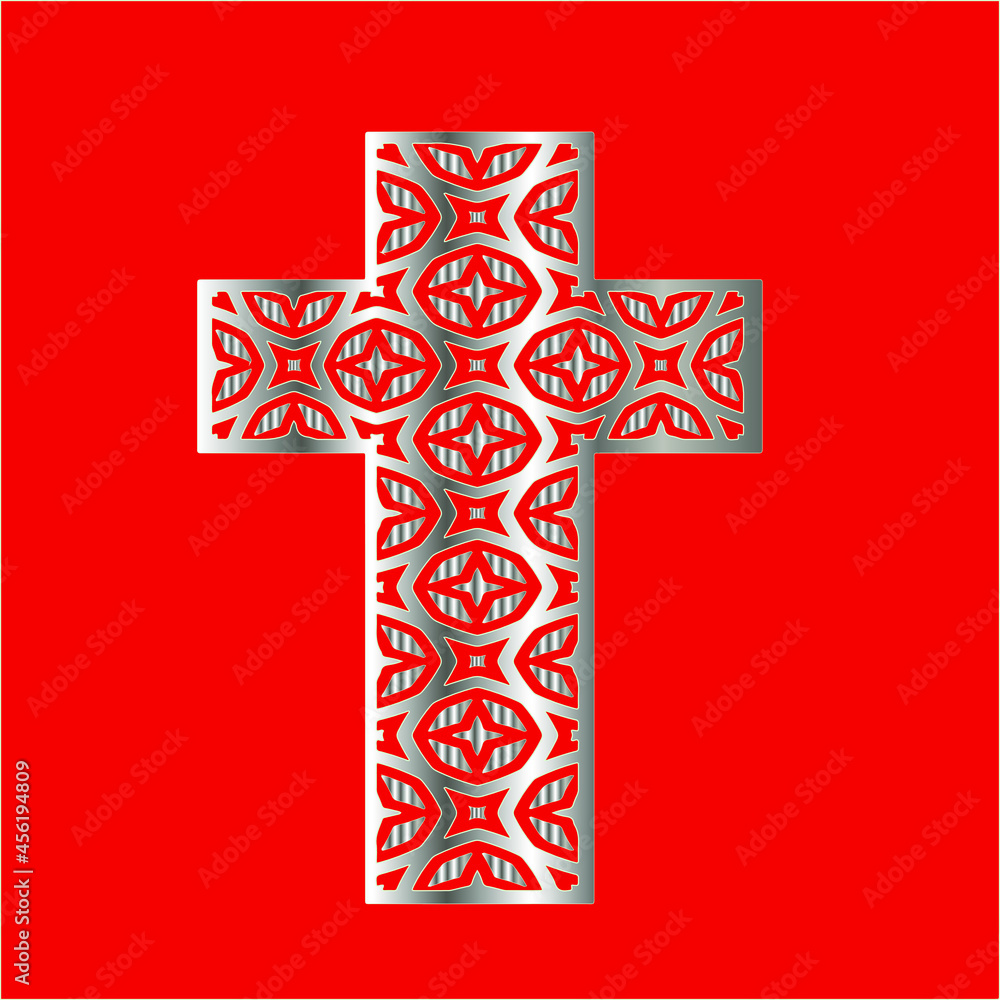 
cross with patterns of metal on a red background. 