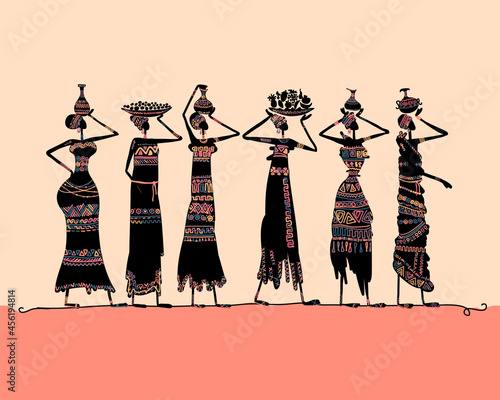 African women with jugs and food, wearing ethnic dresses. Art silhouette for ...
