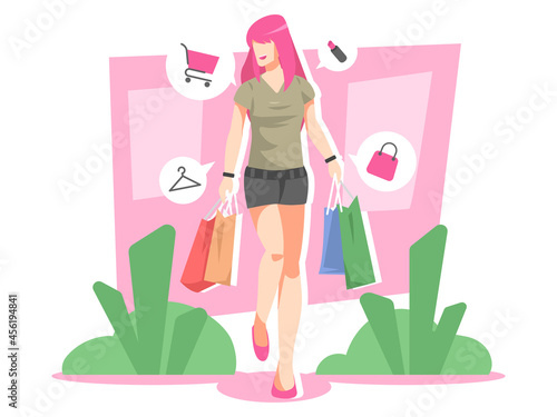 teen woman walking happily carrying groceries in shopping bag. shopping cart icon, lipstick, hanger, bag. plant. suitable for the theme of lifestyle, shopping, women, hobbies, etc. flat vector designs