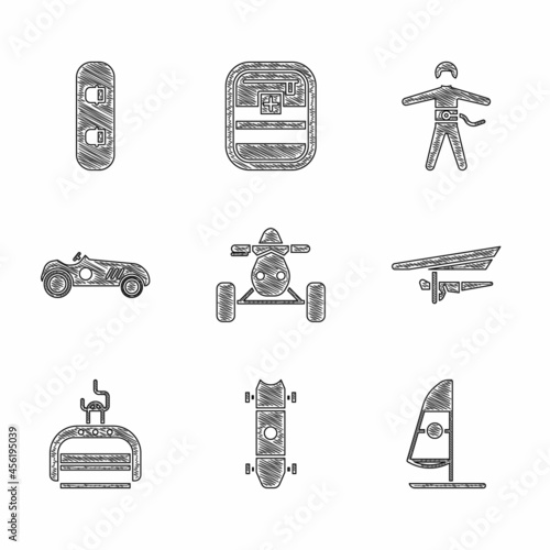 Set ATV motorcycle, Longboard skateboard, Windsurfing, Hang glider, Ski lift, Vintage sport racing car, Bungee jumping and Snowboard icon. Vector