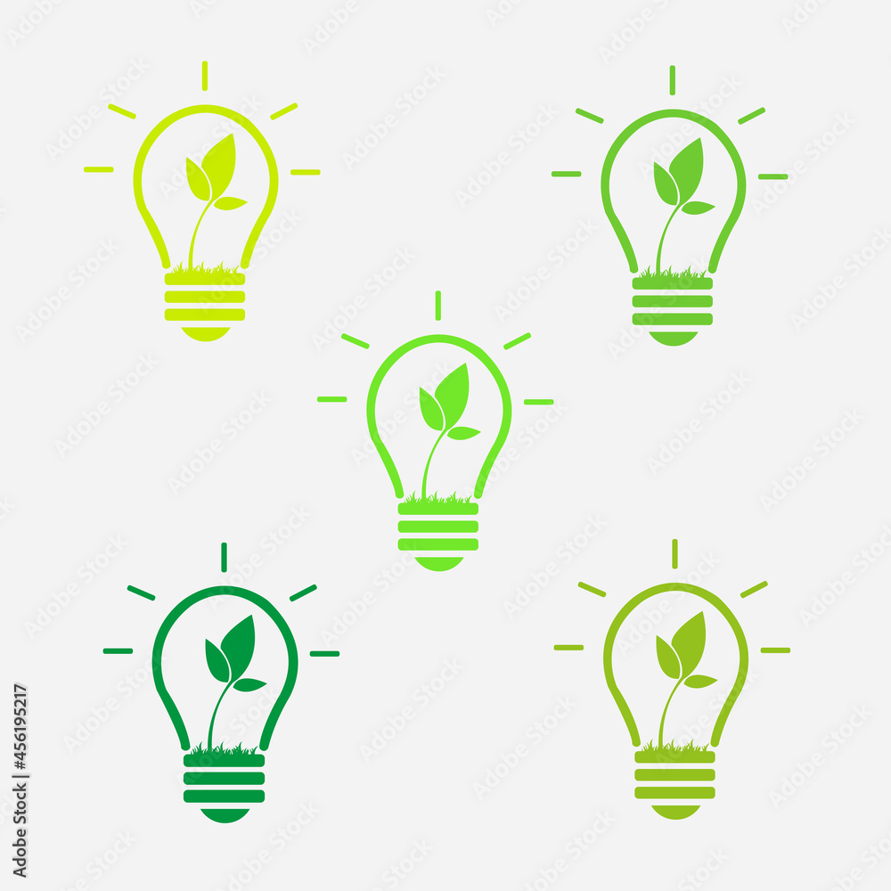 A set of light bulbs, different colors. Nature, ecology, energy icons. A lamp inside which a flower grows. Yellow, green lamp. Light bulb sign A set of light bulbs, different colors. Nature, ecology, energy icons. A lamp inside which a flower grows. Yellow, green lamp. Light bulb sign