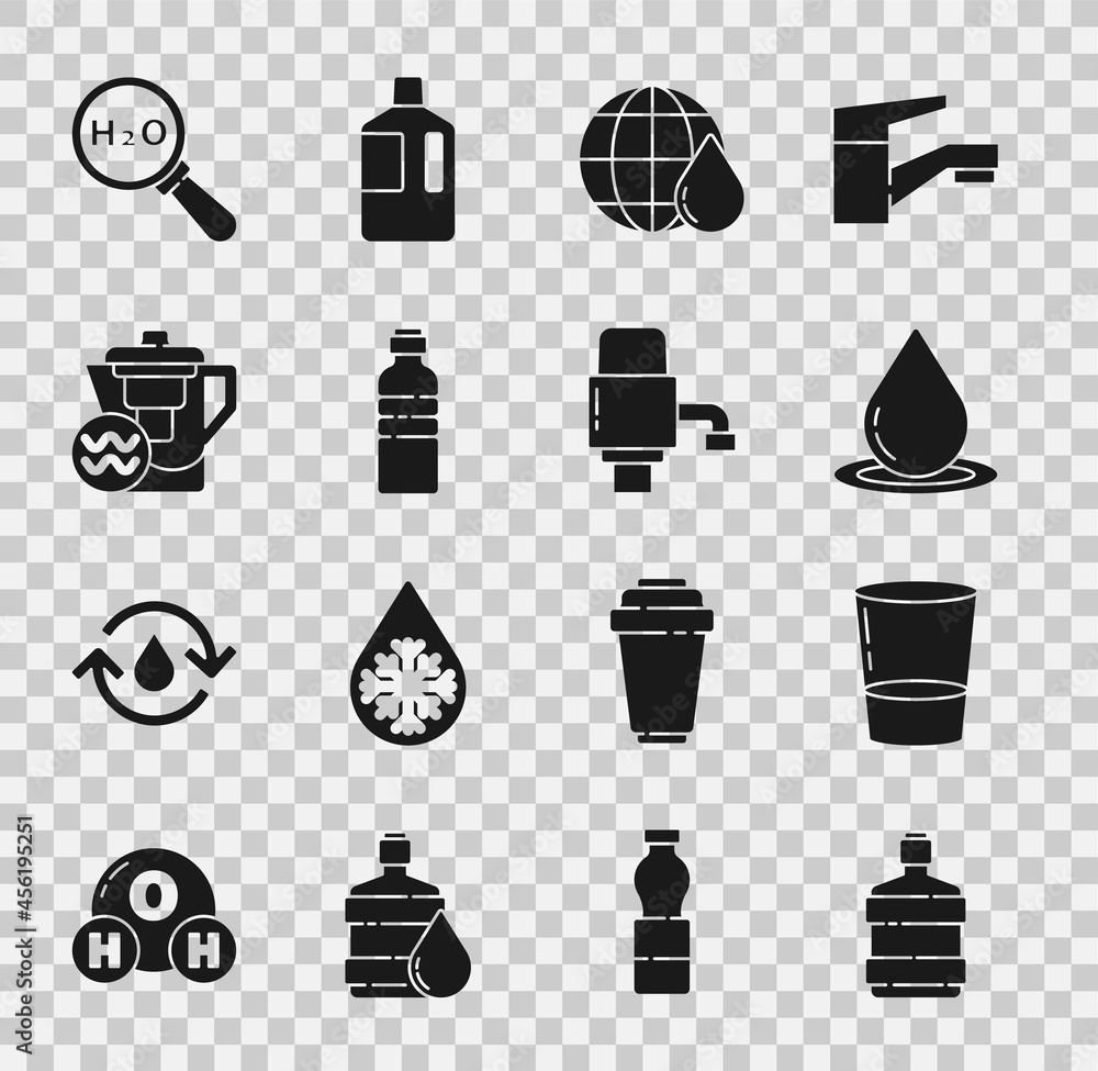 Set Big bottle with clean water, Glass, Water drop, Earth planet in ...