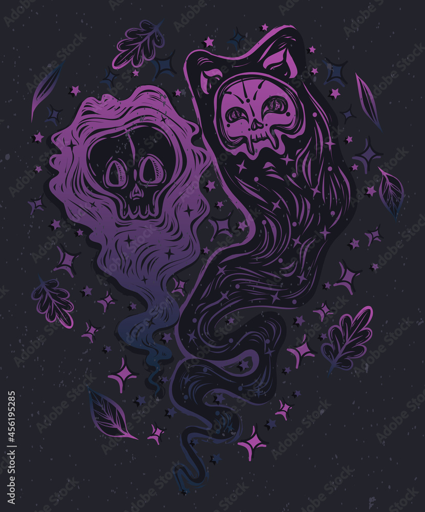 Halloween vector composition with demon cat, ghost. Illustration in line art style. Mystic, witchcraft, tattoo art, print for t-shirt, background dark purple