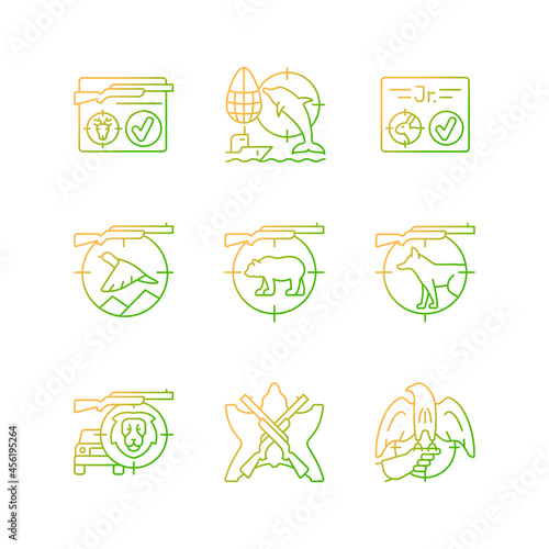 Wild animals hunting gradient linear vector icons set. Big and small game hunting. Capture prey. Hunt license. Thin line contour symbols bundle. Isolated outline illustrations collection