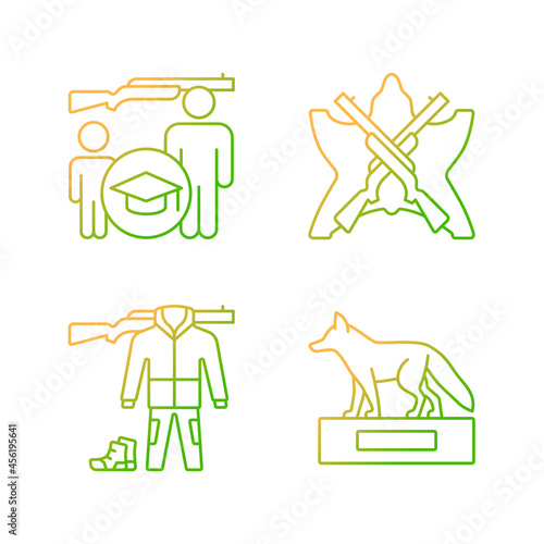 Hunting trophy and equipment gradient linear vector icons set. Hunting junior education. Apparel and equipment. Thin line contour symbols bundle. Isolated outline illustrations collection