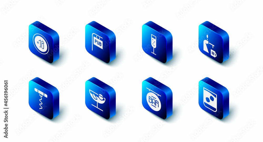 Set Street signboard with Pub, Glass of champagne, Beer tap glass, whiskey, Bar, Cocktail, Wine corkscrew and Alcohol 18 plus icon. Vector Set Street signboard with Pub, Glass of champagne, Beer tap glass, whiskey, Bar, Cocktail, Wine corkscrew and Alcohol 18 plus icon. Vector