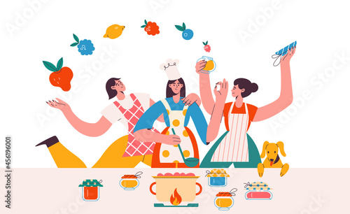 People making homemade jam and jelly trendy flat illustration. Cooking breakfast together banner design. Fruit preserve background.