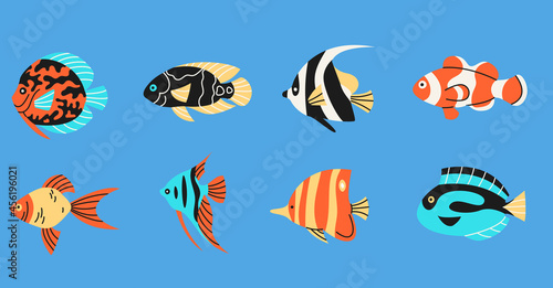 Tropical fishes simple elements collection. Oceanic wildlife flat isolated set. Different underwater fauna: goldfish, clownfish, angelfish in trendy flat design.