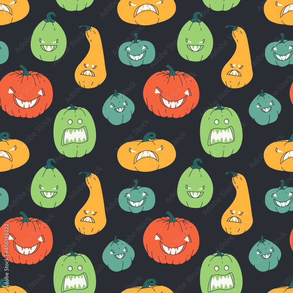 Halloween pumpkins seamless pattern vector illustration. Squashes with spooky faces texture design. Different creepy gourds background. Jack lanterns wrapping. Halloween pumpkins seamless pattern vector illustration. Squashes with spooky faces texture design. Different creepy gourds background. Jack lanterns wrapping.