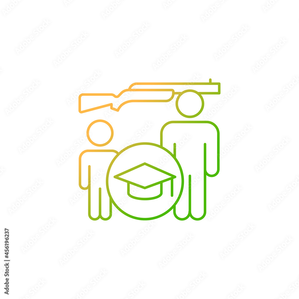 Hunter education for kids gradient linear vector icon. Junior hunting course. Kids hunt learning. Shooting skills. Thin line color symbol. Modern style pictogram. Vector isolated outline drawing Hunter education for kids gradient linear vector icon. Junior hunting course. Kids hunt learning. Shooting skills. Thin line color symbol. Modern style pictogram. Vector isolated outline drawing