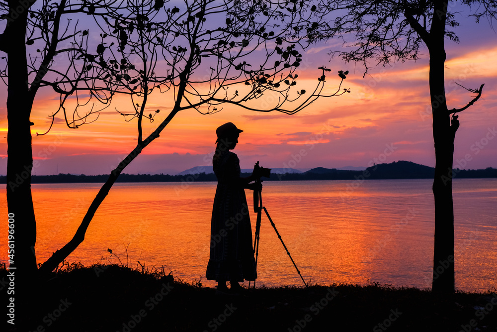 tropical beach seaside on sunset time at Laem Hua Mong - Kho Kwang Viewpoint in Chomphon province Thailand with silhouette girl photography 