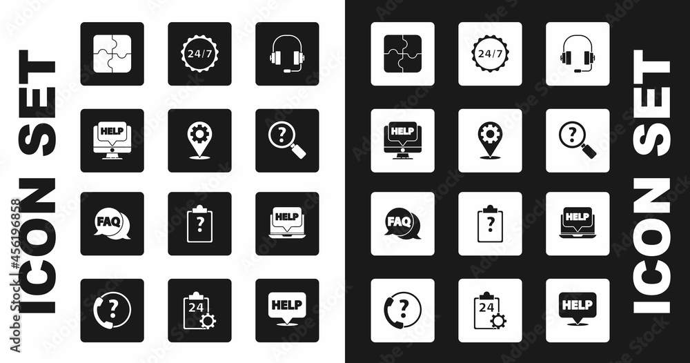 Set Headphones, Location with gear, Computer monitor and help, Piece of puzzle, Unknown search, Clock 24 hours, Laptop and Speech bubble FAQ icon. Vector Set Headphones, Location with gear, Computer monitor and help, Piece of puzzle, Unknown search, Clock 24 hours, Laptop and Speech bubble FAQ icon. Vector