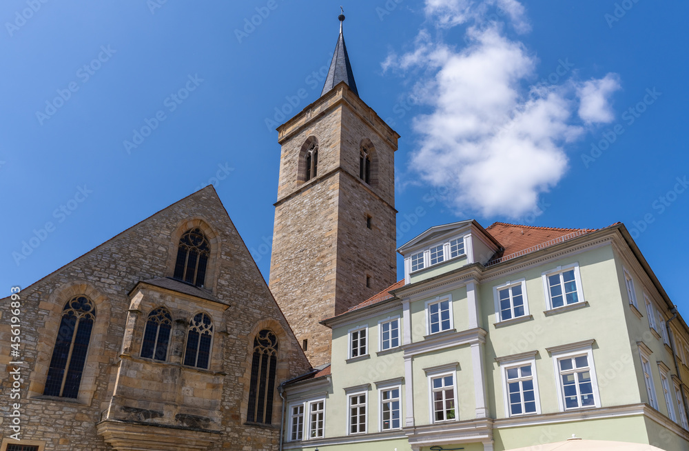 Obraz premium Ägidienkirche (St Giles' Church), at Wenigenmarkt Square, Erfurt, the capital and largest city in Thuringia, central Germany. Its old town is one of the best preserved medieval city centres in Germany