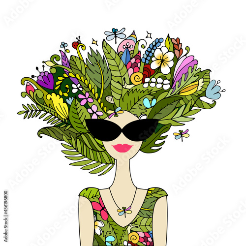 Female portrait in tropical style, pretty woman in sunglasses. Design for fas...