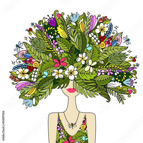 Female portrait in tropical style, pretty woman in sunglasses. Design for fashion cards, banners, posters