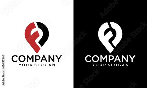 Pin location letter F logo design, Initial F monogram letter alphabet with location icon pin sign. Font emblem. Navigation map, GPS, direction, place, compass, contact, search concept. Modern vector