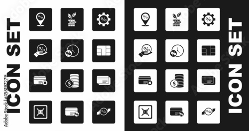 Set Gear with percent, Clock and, Discount tag, Location discount, Credit card chip, Dollar plant, and remove icon. Vector