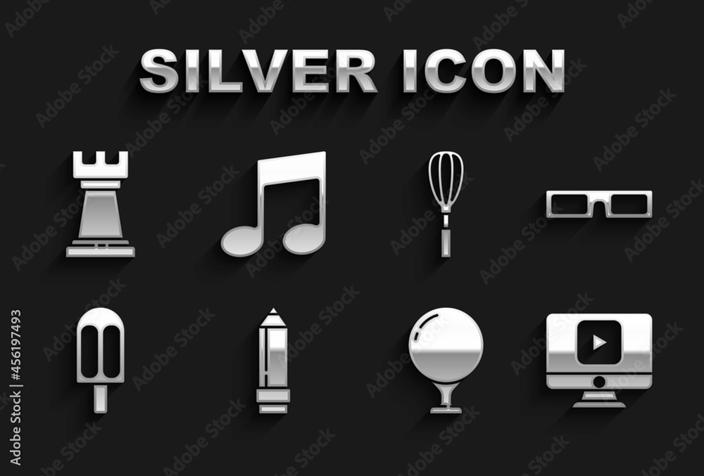 Set Pencil with eraser, Cinema glasses, Online play video, Golf ball on tee, Ice cream, Kitchen whisk, Business strategy and Music note, tone icon. Vector Set Pencil with eraser, Cinema glasses, Online play video, Golf ball on tee, Ice cream, Kitchen whisk, Business strategy and Music note, tone icon. Vector