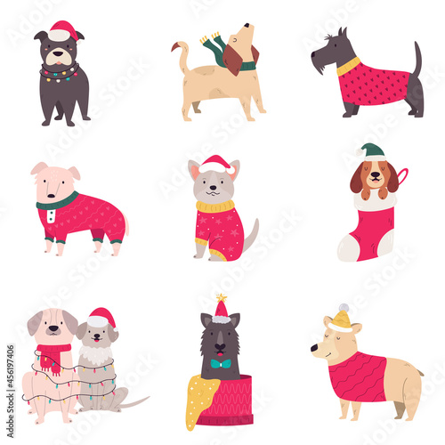 Vector set of cute dogs in winter holiday clothing