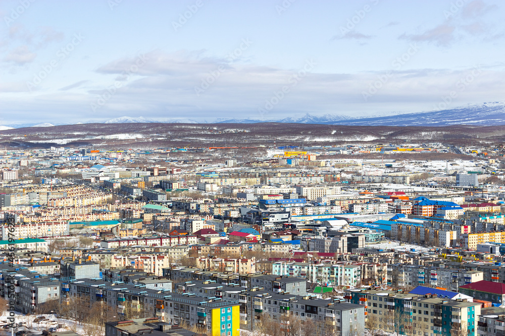 Russia, Kamchatka. Aerial view of multi-storey, multi-colored houses in the city of Petropavlovsk Kamchatsky.