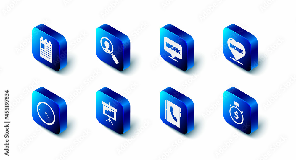 Set Magnifying glass for search people, Location with text work, Heart, Time is money, Address book, Chalkboard diagram, Clock and Spiral notebook icon. Vector Set Magnifying glass for search people, Location with text work, Heart, Time is money, Address book, Chalkboard diagram, Clock and Spiral notebook icon. Vector