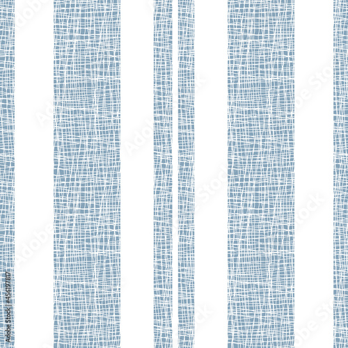Burlap textured stripe vector seamless pattern background. Vertical wide narrow stripes with coarse linen weave. Delft blue and white elegant design. Country cottage farmhouse style duotone repeat