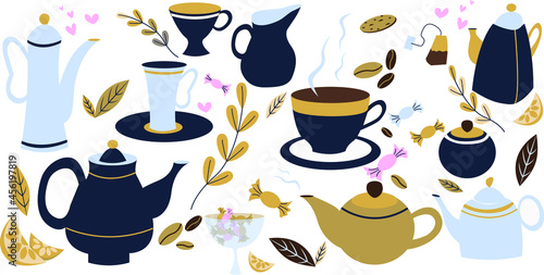 A large collection of tea and coffee cups, mugs, teapots. Tea leaves, coffee grains, sweets and cookies