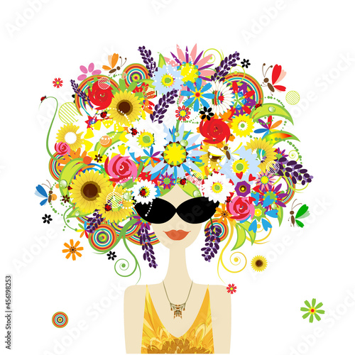 Floral female portrait, pretty woman in sunglasses. Design for fashion cards,...