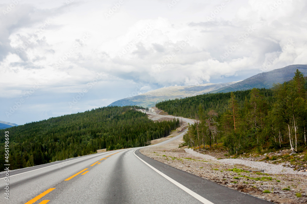 Road with trees and cloudy sky in Norway, summertime. Beautiful scandinavian nature