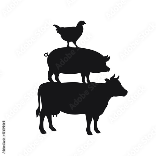 Domestic livestock graphic symbol. Pyramid from cow, pig and chicken sign isolated on white background. Livestock symbol. Vector illustration