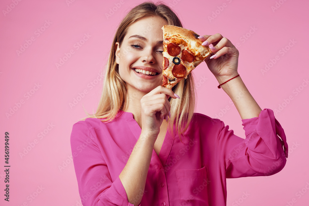 cute cheerful woman pizza in hands snack delicious fast food pink background cute cheerful woman pizza in hands snack delicious fast food pink background