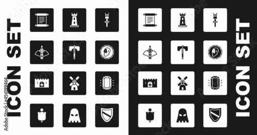 Set Torch flame, Medieval axe, Battle crossbow with arrow, Decree, parchment, scroll, Ancient coin, Castle tower, Diamond and castle gate icon. Vector