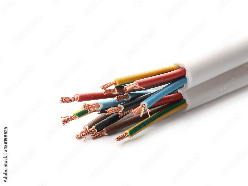 Cables with stripped wires on white background Cables with stripped wires on white background