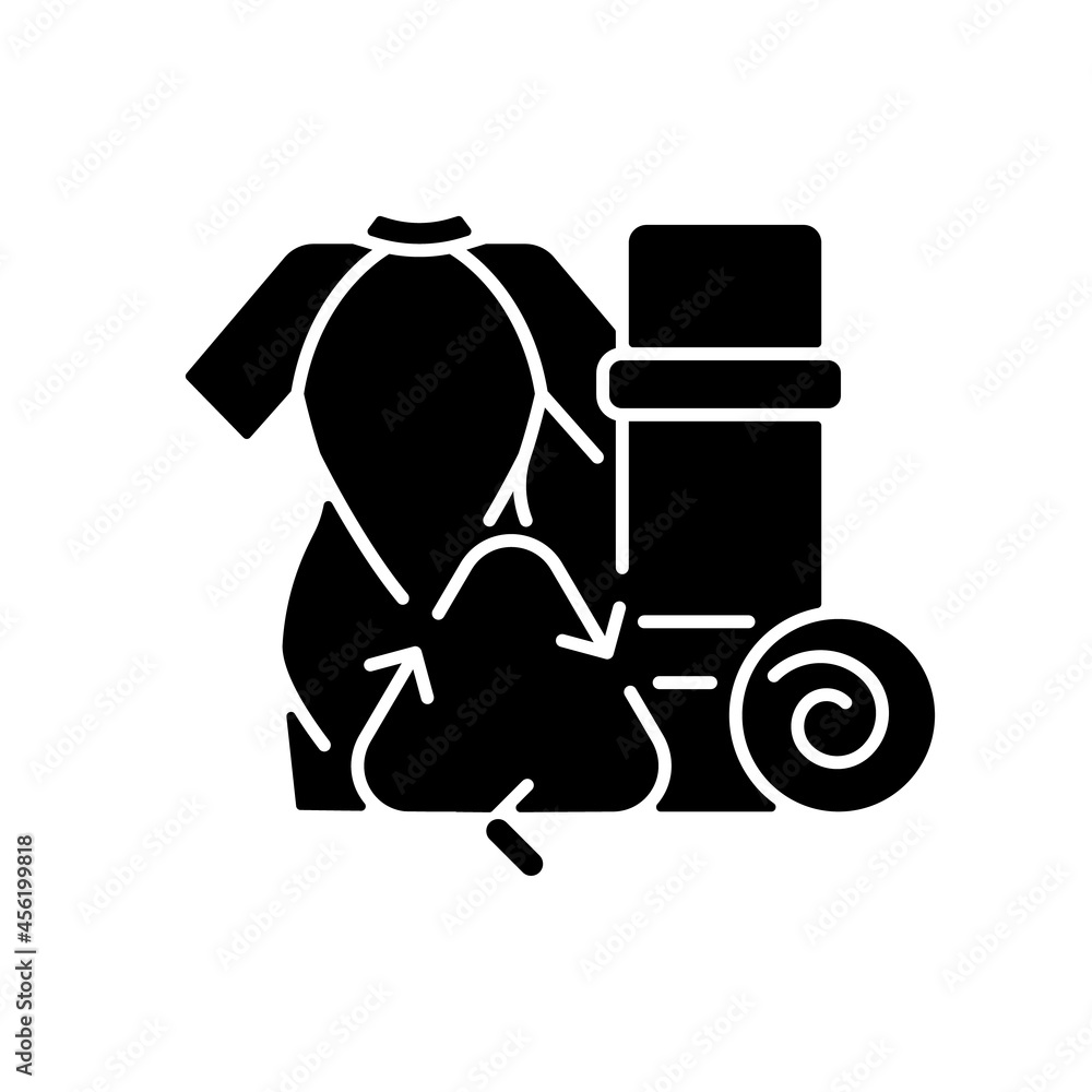 Yoga mats from recycled wetsuits black glyph icon. Repurposing surfing suits. Sustainable yoga equipment. Eco friendly accessory. Silhouette symbol on white space. Vector isolated illustration Yoga mats from recycled wetsuits black glyph icon. Repurposing surfing suits. Sustainable yoga equipment. Eco friendly accessory. Silhouette symbol on white space. Vector isolated illustration