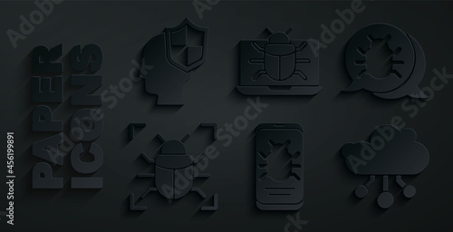 Set System bug on mobile, Internet of things, monitor and Head with shield icon. Vector