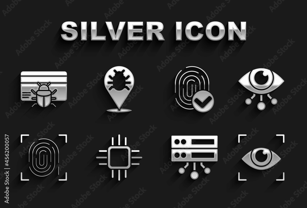 Set Processor with microcircuits CPU, Eye scan, Server, Data, Web Hosting, Fingerprint, System bug credit card and icon. Vector Set Processor with microcircuits CPU, Eye scan, Server, Data, Web Hosting, Fingerprint, System bug credit card and icon. Vector
