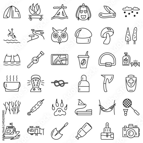 Tourism, outdoor travel, active lifestyle, camping, tourist tools. A set of vector icons, outline, isolated, 48x48 pixel.