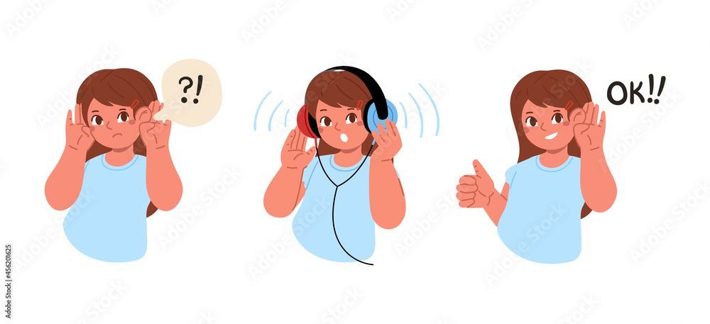The girl cant hear anything.The child is wearing headphones and make a hearing test.Hearing exam for children. The girl cant hear anything.The child is wearing headphones and make a hearing test.Hearing exam for children.