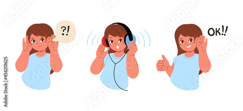 The girl cant hear anything.The child is wearing headphones and make a hearing test.Hearing exam for children.