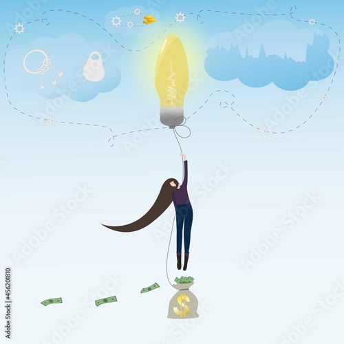 successful woman acts strategically in business and achieves financial success. A woman flies on a light bulb into the sky, stocks grow and profits increase Vector illustration of an investor 