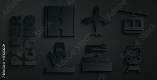 Set Boat with oars, Cable car, Cargo ship, Train and railway, Plane and Road icon. Vector