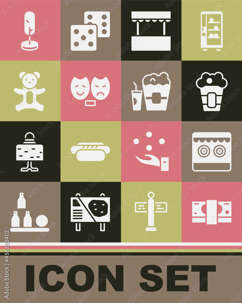Set Stacks paper money cash, Shooting gallery, Popcorn box, Ticket office, Comedy and tragedy masks, Teddy bear plush toy, Tree and glass icon. Vector Set Stacks paper money cash, Shooting gallery, Popcorn box, Ticket office, Comedy and tragedy masks, Teddy bear plush toy, Tree and glass icon. Vector
