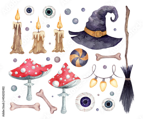 Hand drawn halloween set. Watercolor collection. Witch hat, candles, caramels, eyes, bones, bonbons, mushrooms, broom on white background isolated.