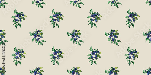 Seamless pattern with watercolor drawing blueberry berries