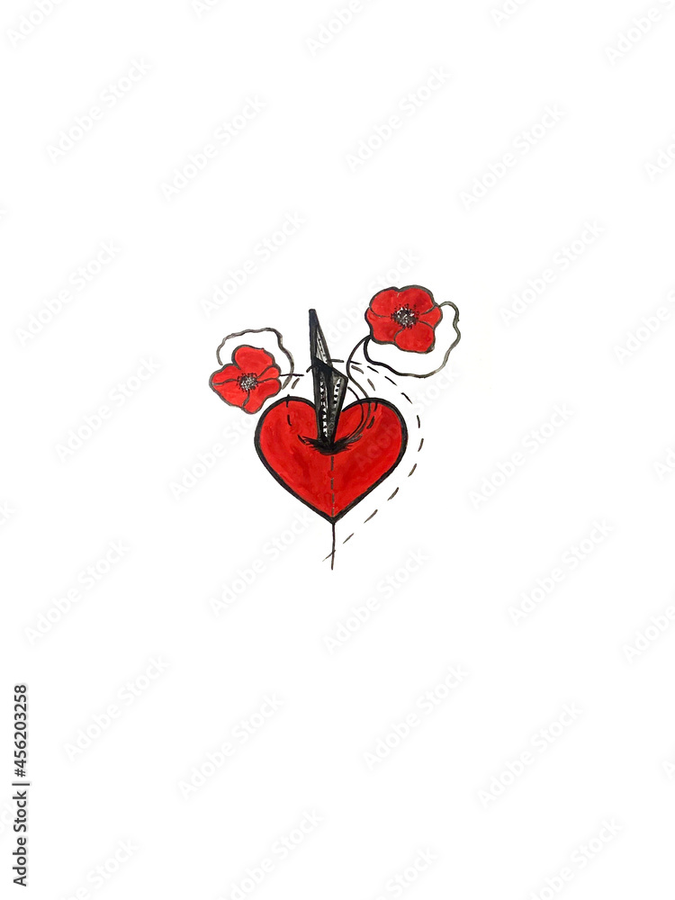 Isolated on white background Watercolor drawing with red flower poppy, can be used for tattoo Isolated on white background Watercolor drawing with red flower poppy, can be used for tattoo